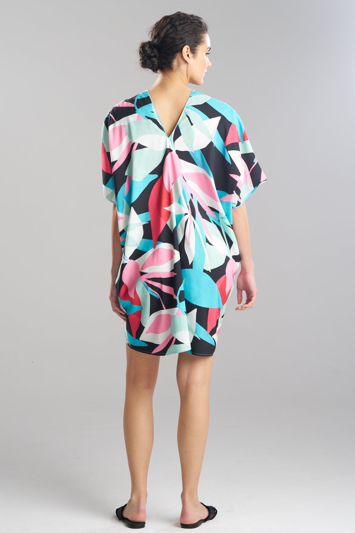 Natori Abstract Palm Printed Satin Caftan