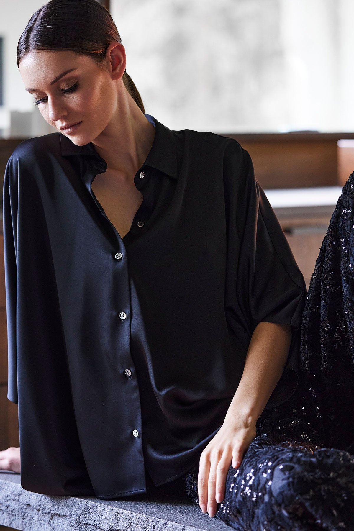 Natori Luxe Charmeuse Button Down Caftan Shirt