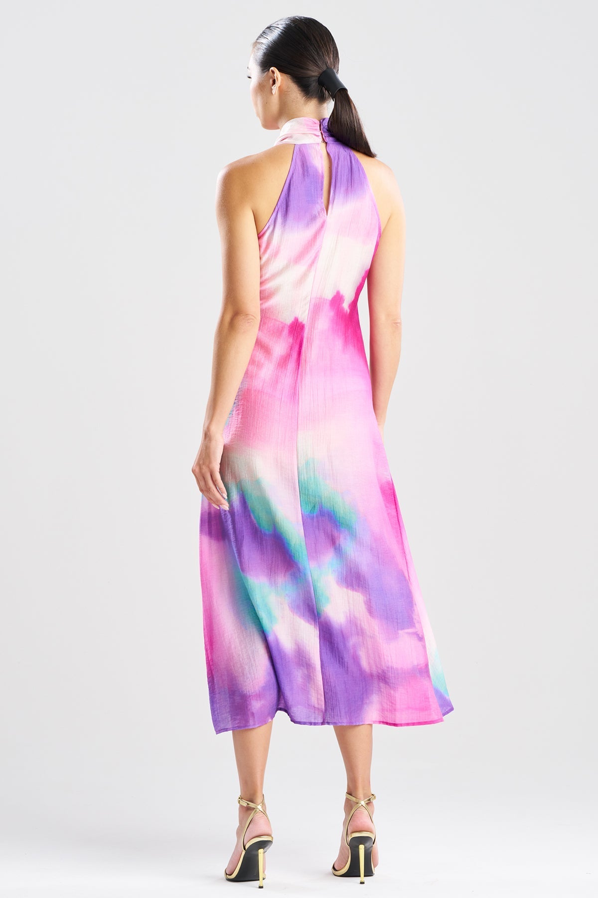 Natori Watercolor Sheer Texture Halter Maxi Dress