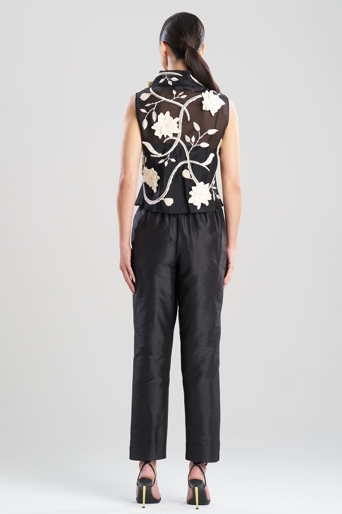 Natori Couture Silk Organza Embellished Funnel Neck Top