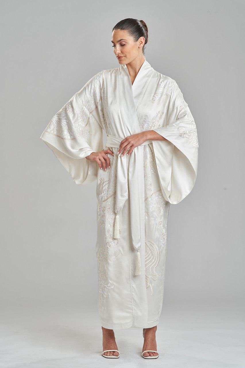 Natori Buy Key Essentials Embroidered Silk Robe in Warm White Online
