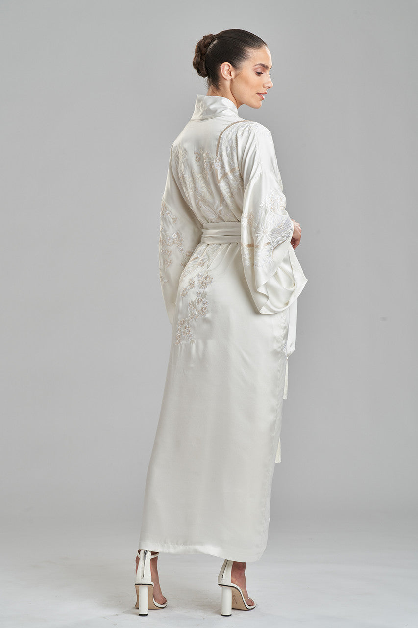 Natori Buy Key Essentials Embroidered Silk Robe in Warm White Online