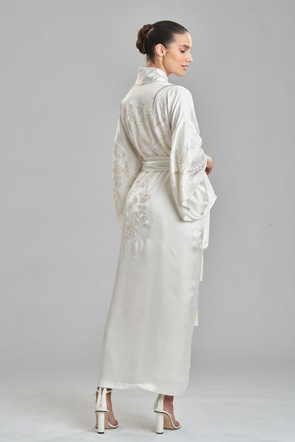 Natori Buy Key Essentials Embroidered Silk Robe in Warm White Online