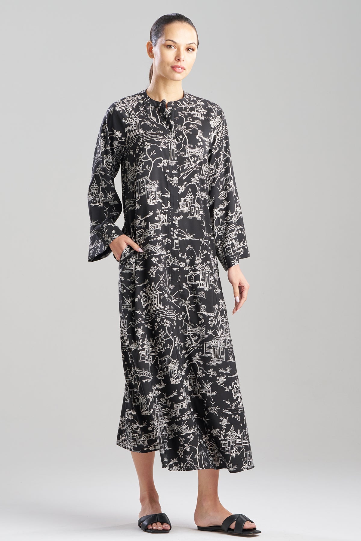 Natori Toile Printed Satin Mandarin Zip Caftan