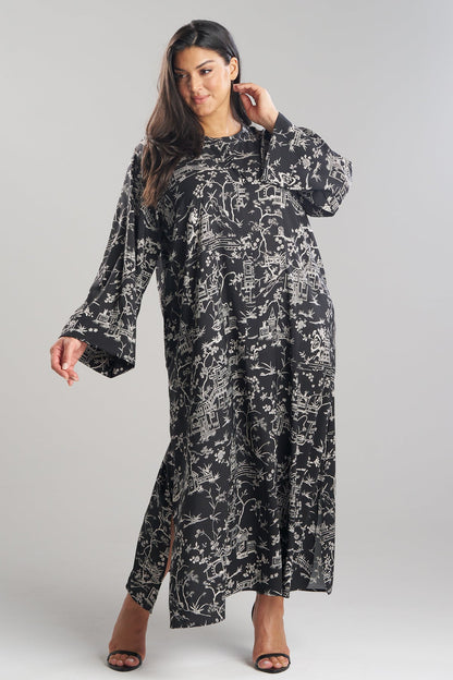 Natori Toile Printed Satin Mandarin Zip Caftan