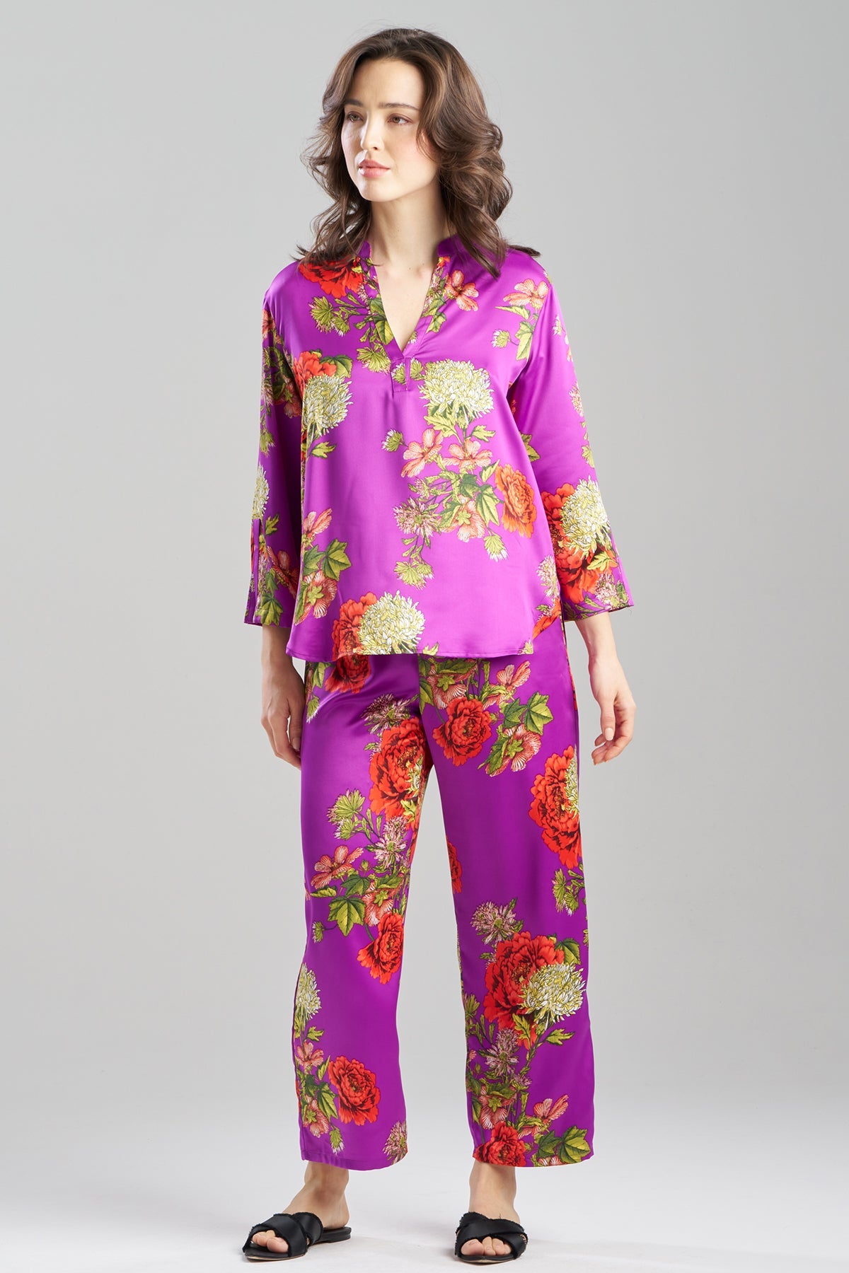 Natori Crysanthe Printed Satin Mandarin PJ Set