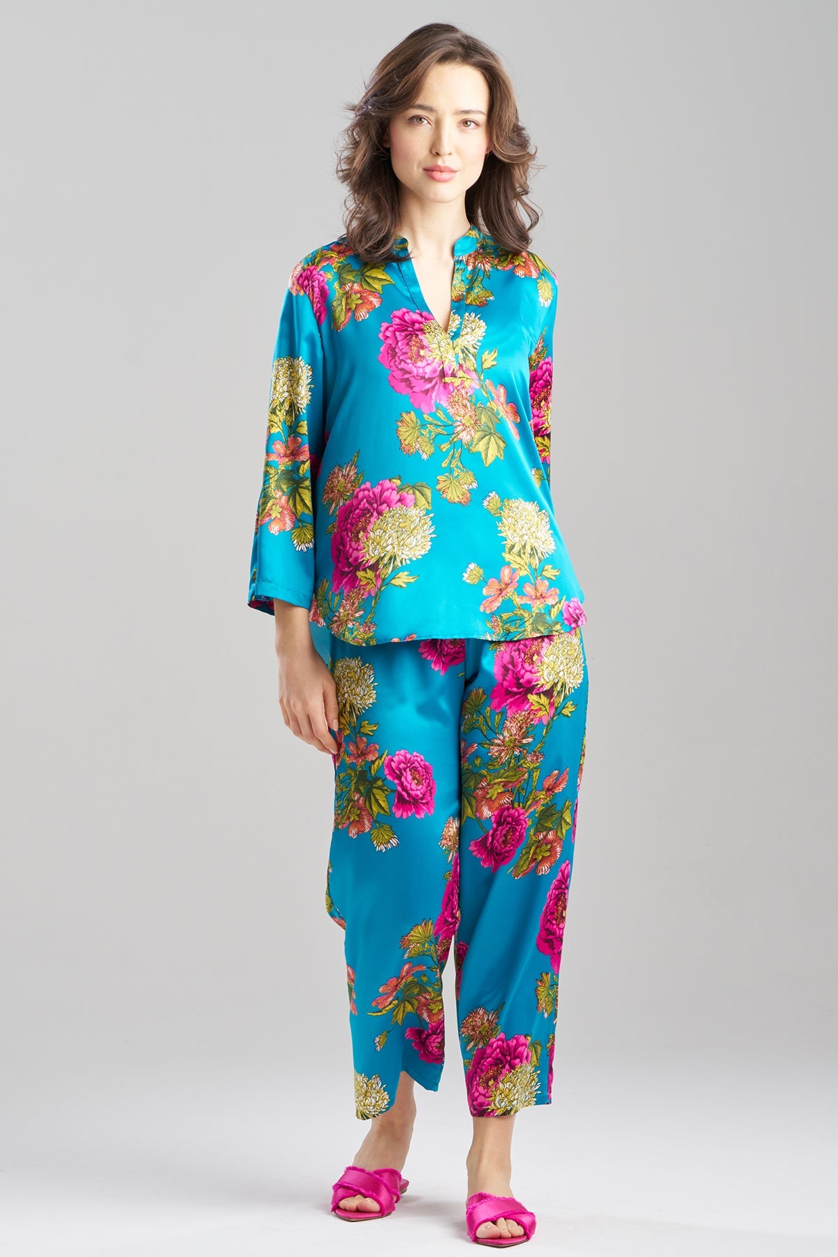 Natori Crysanthe Printed Satin Mandarin PJ Set