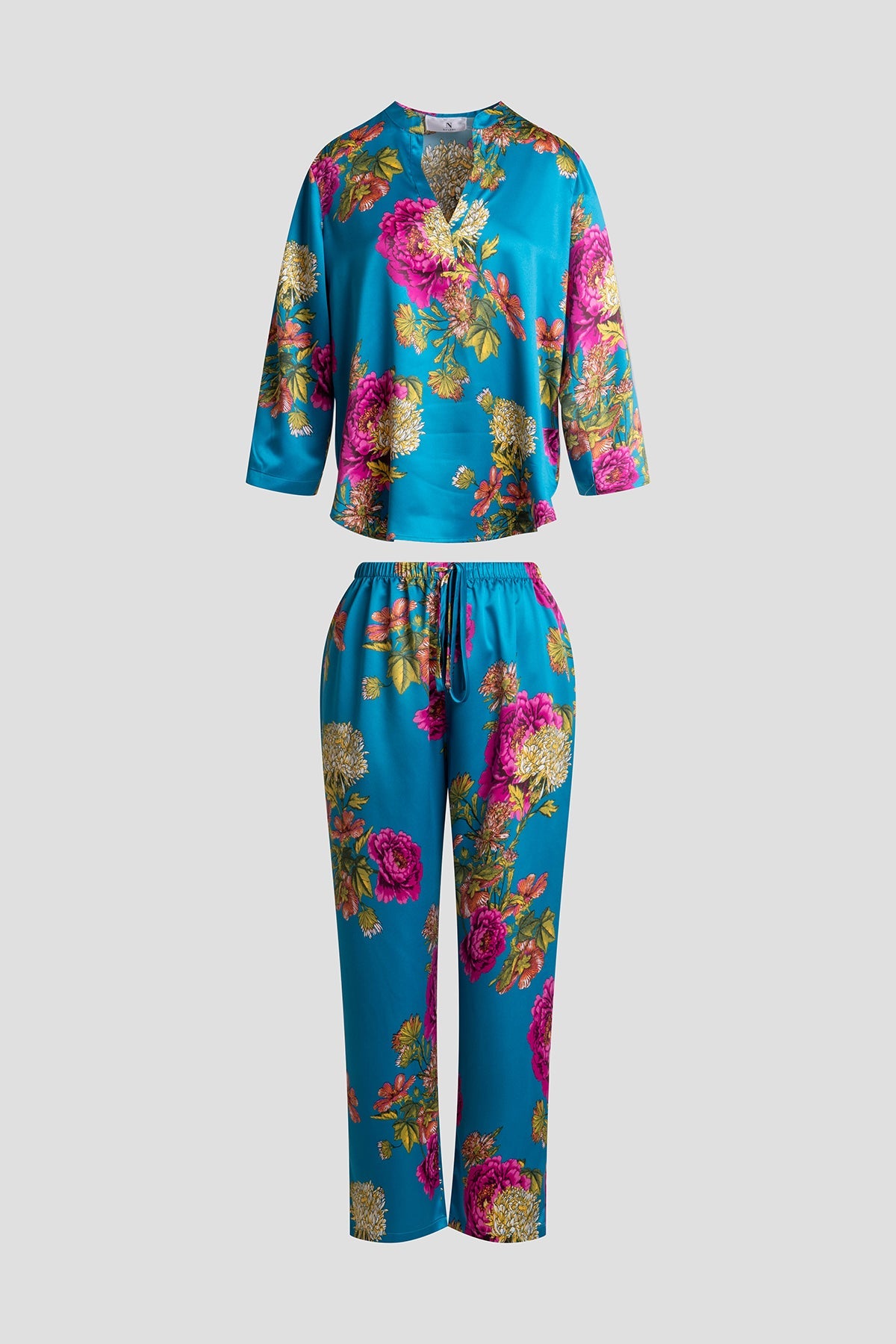 Natori Crysanthe Printed Satin Mandarin PJ Set