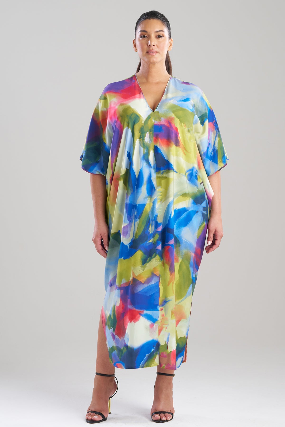 Natori Kumo Printed Stretch Satin V-Neck Caftan