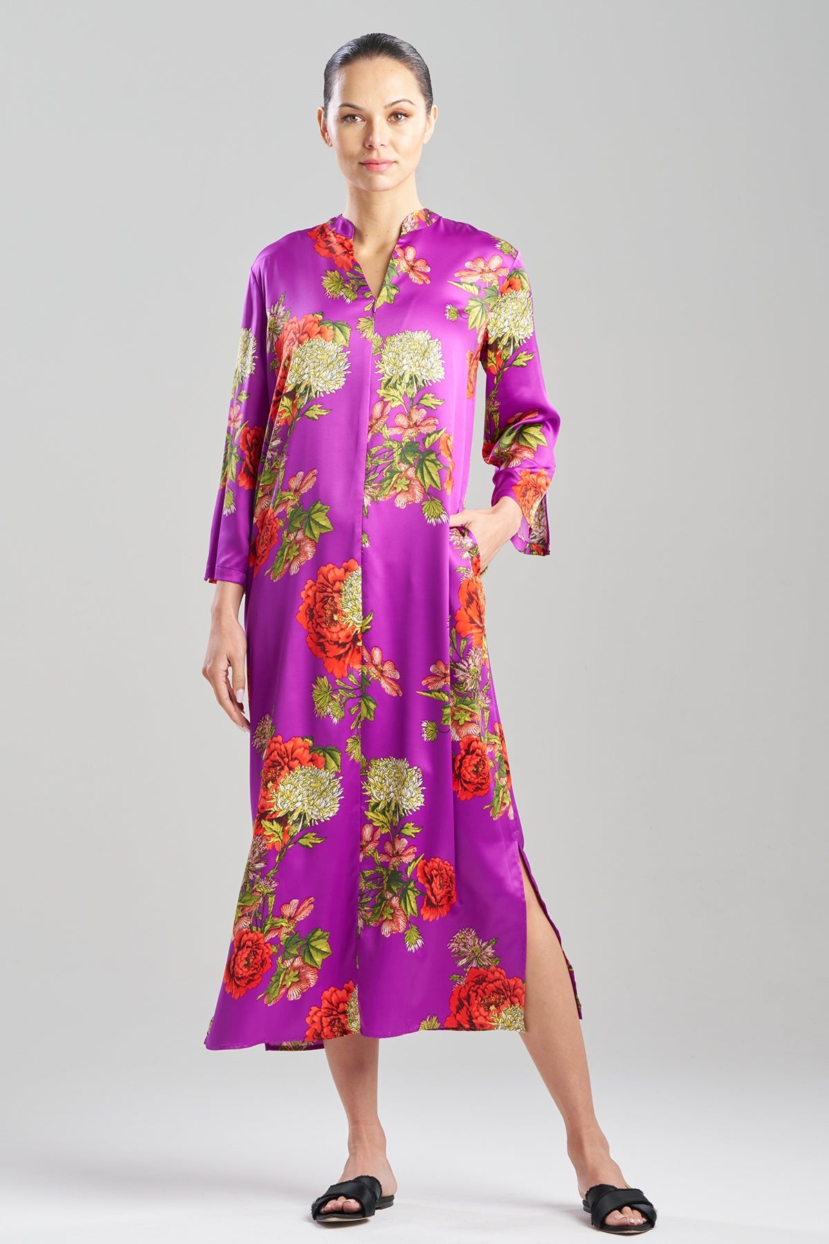Natori Crysanthe Printed Satin Zip Caftan