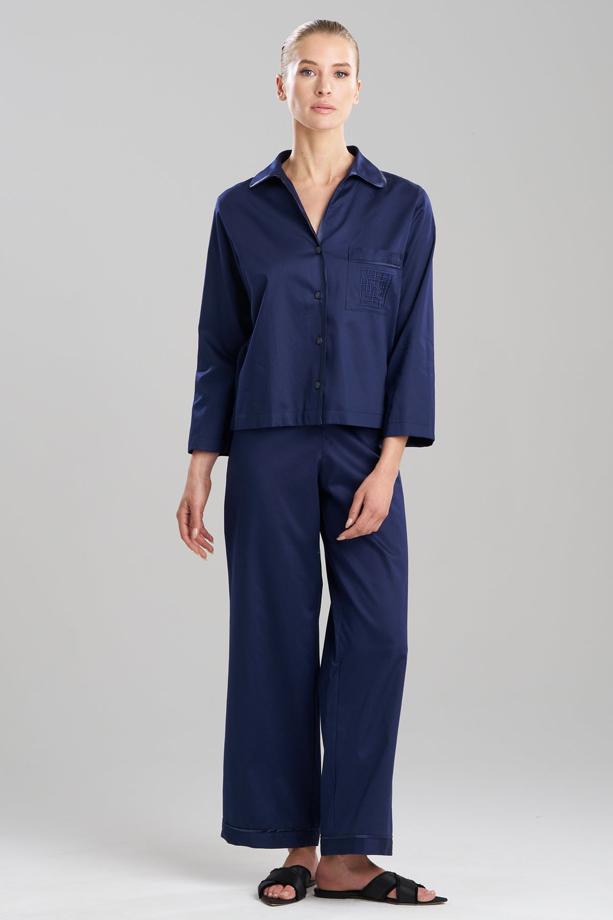 Natori Cotton Sateen Embroidered Essentials Notch PJ
