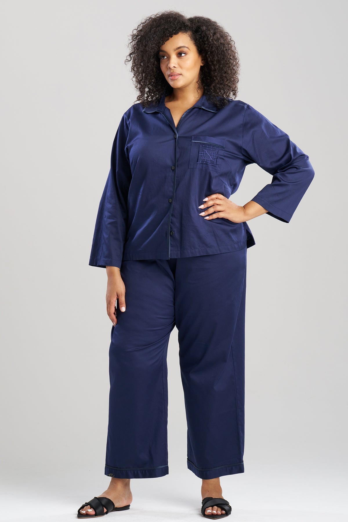 Natori Cotton Sateen Embroidered Essentials Notch PJ