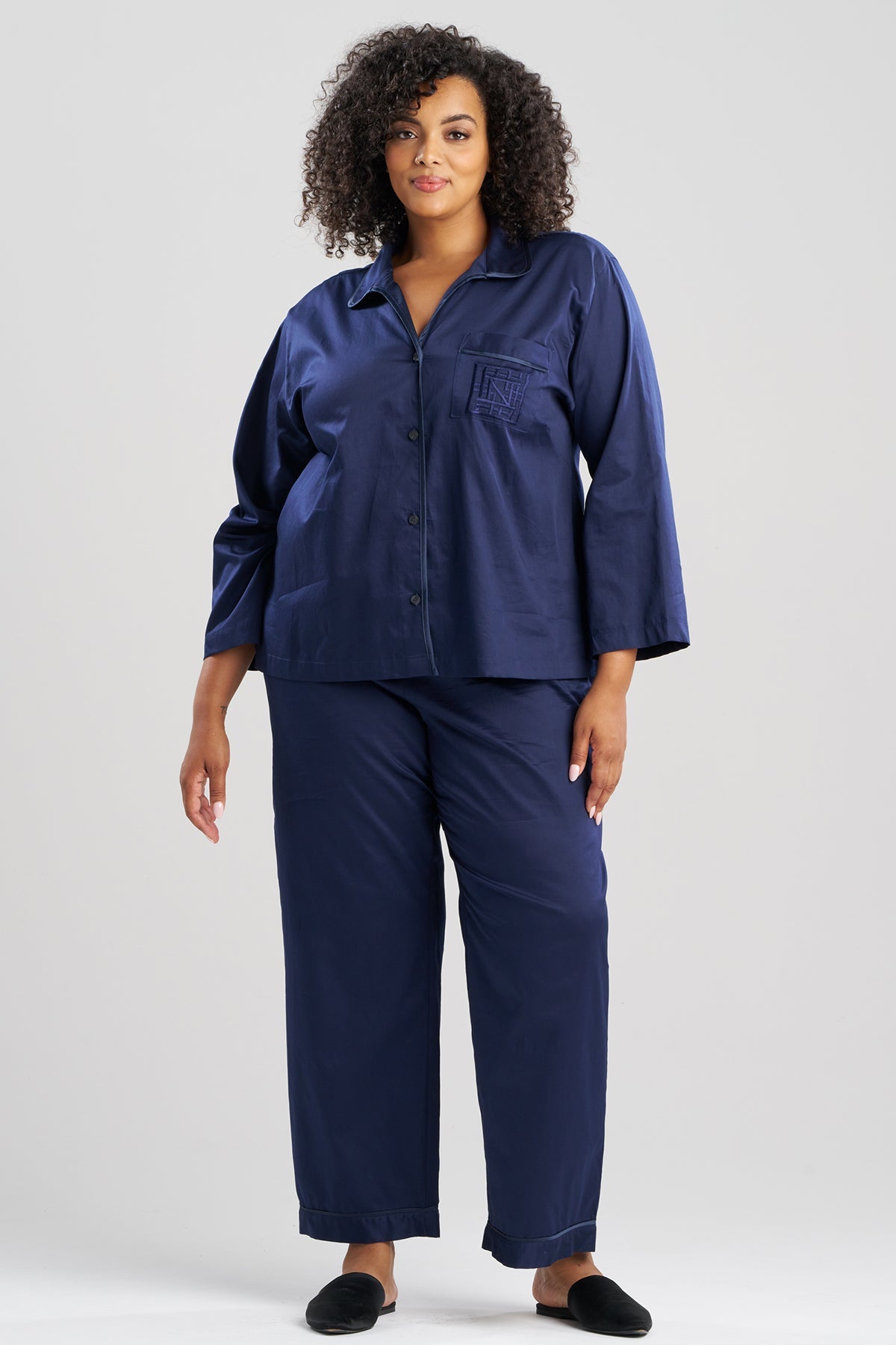 Natori Cotton Sateen Embroidered Essentials Notch PJ