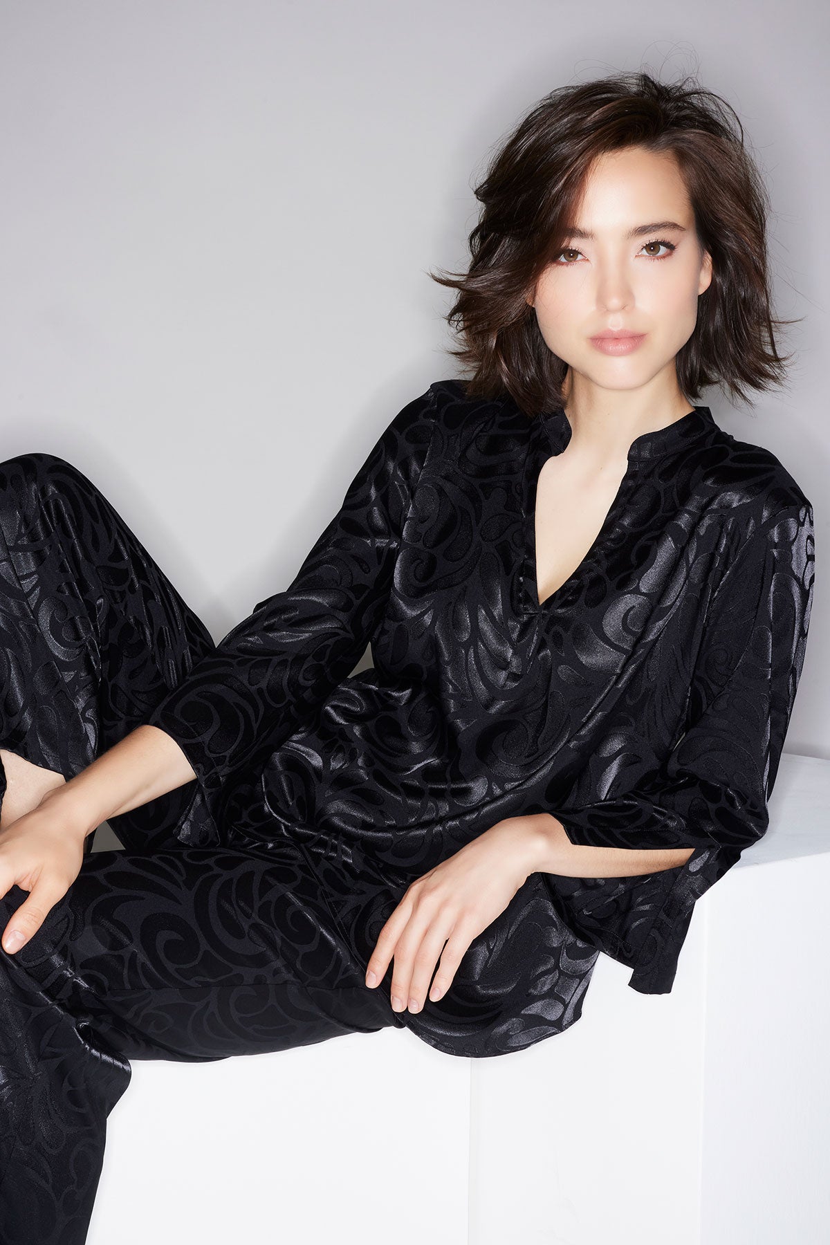 Natori Scroll Satin Jacquard Long Sleeve PJ