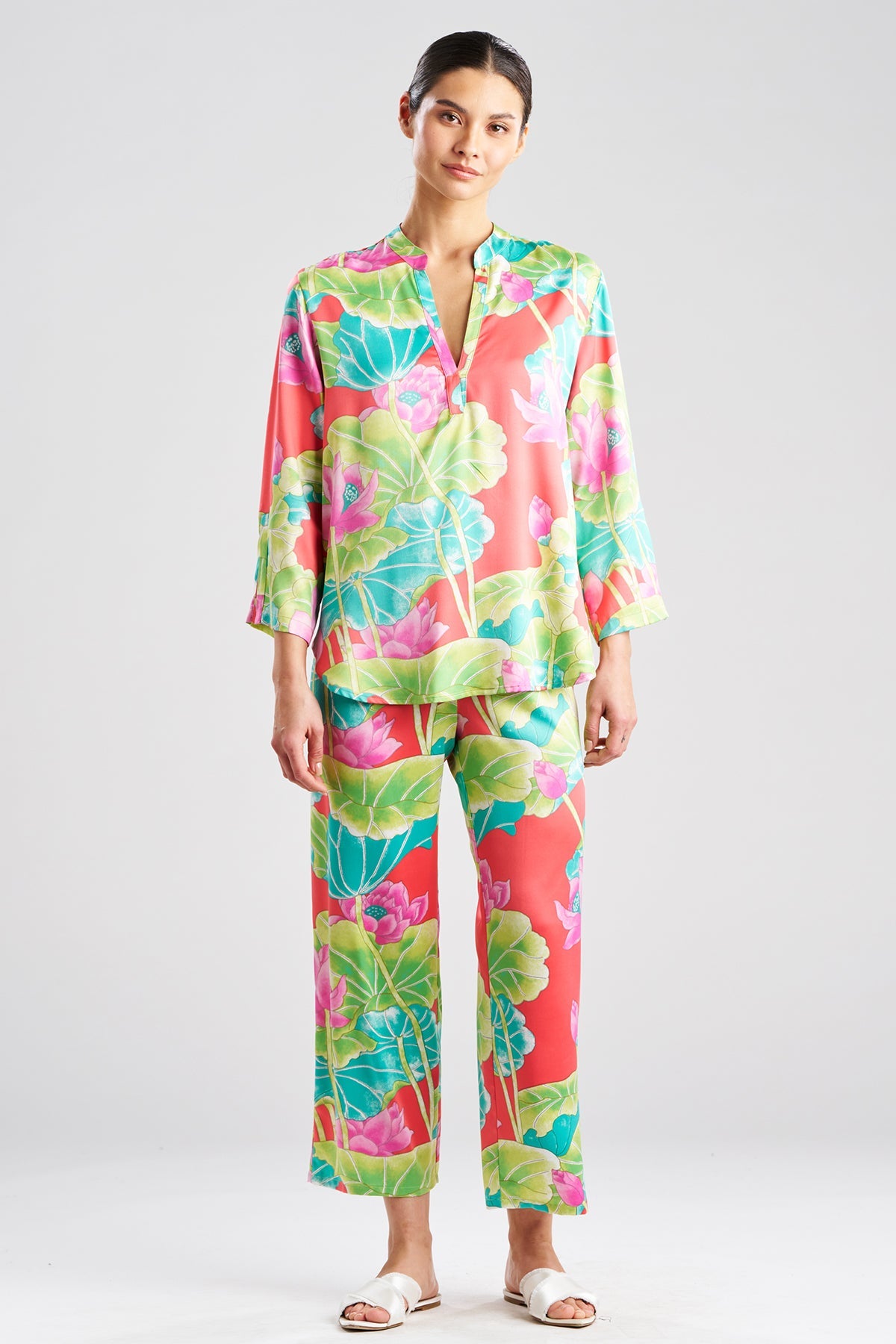 Natori Ascendant Lotus Printed Satin Mandarin PJ Set