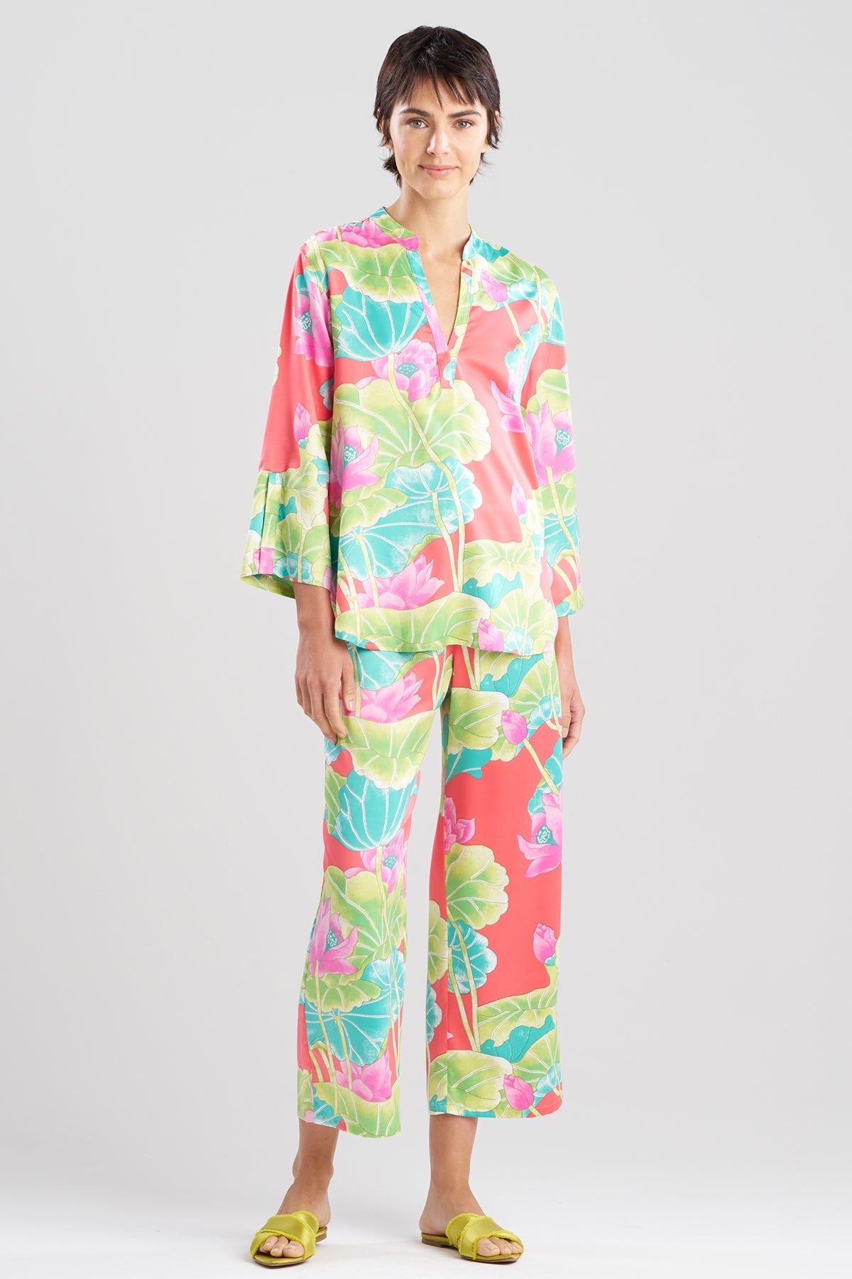 Natori Ascendant Lotus Printed Satin Mandarin PJ Set