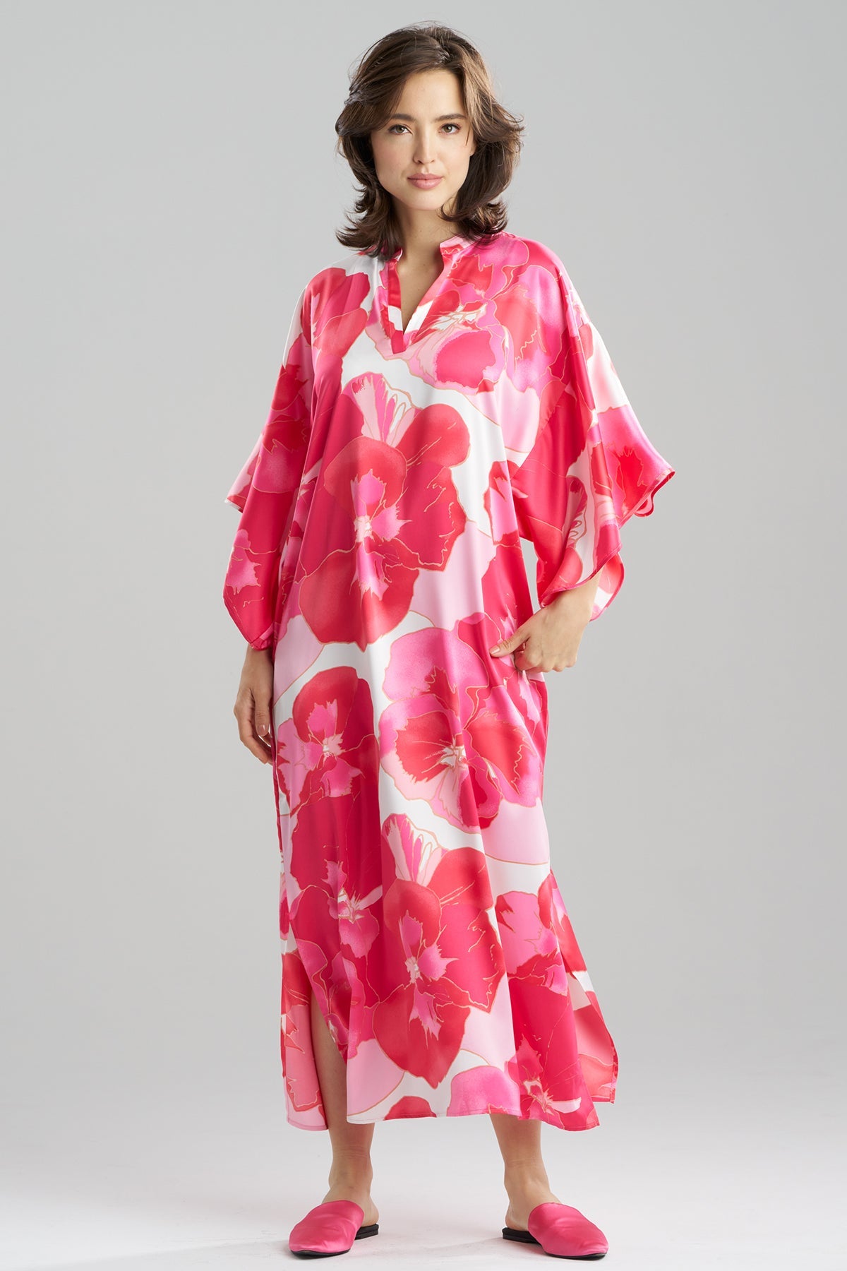Natori Floria Printed Satin Mandarin Caftan