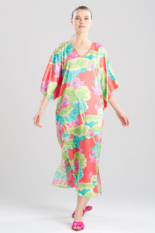 Natori Ascendant Lotus Printed Satin Caftan