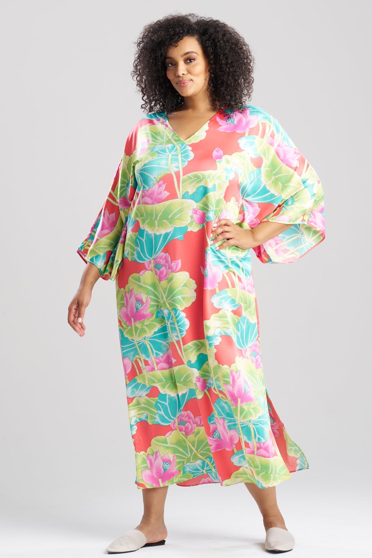 Natori Ascendant Lotus Printed Satin Caftan