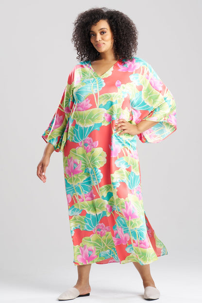 Natori Ascendant Lotus Printed Satin Caftan