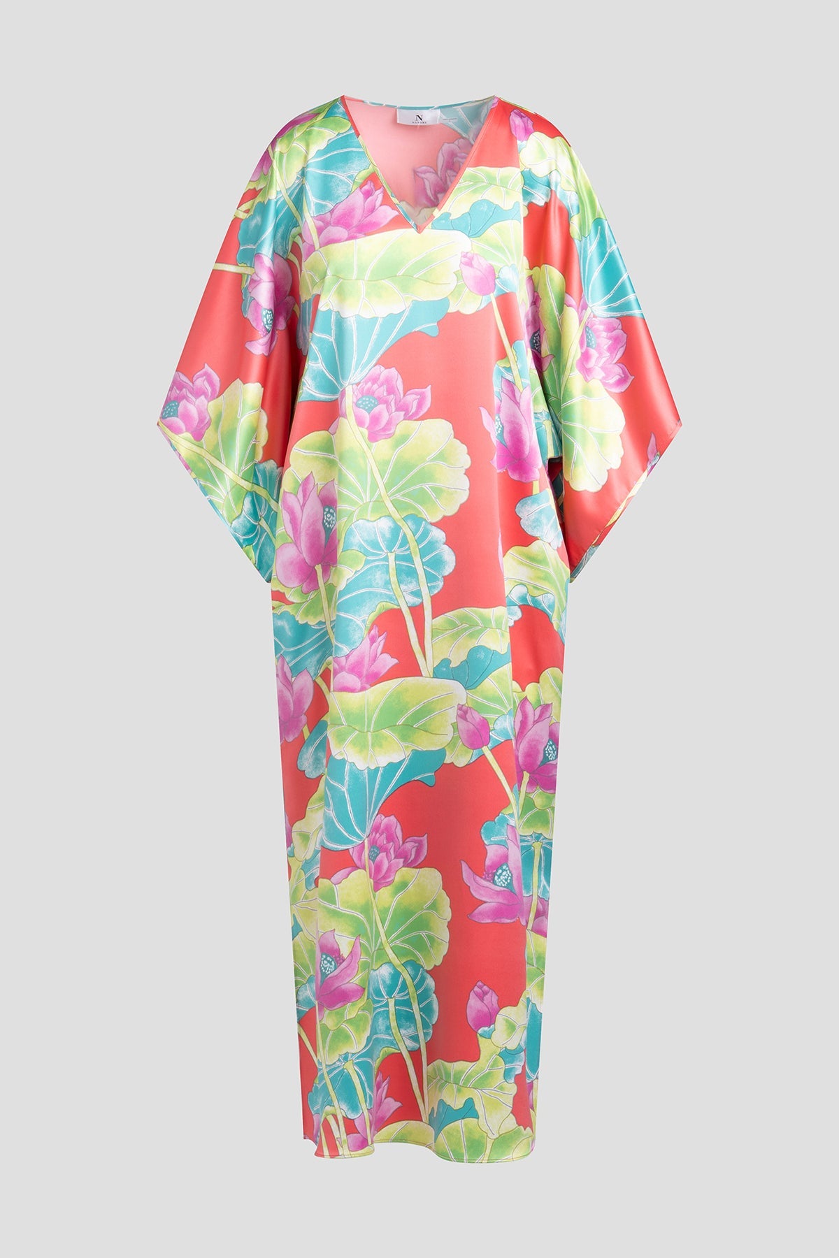 Natori Ascendant Lotus Printed Satin Caftan