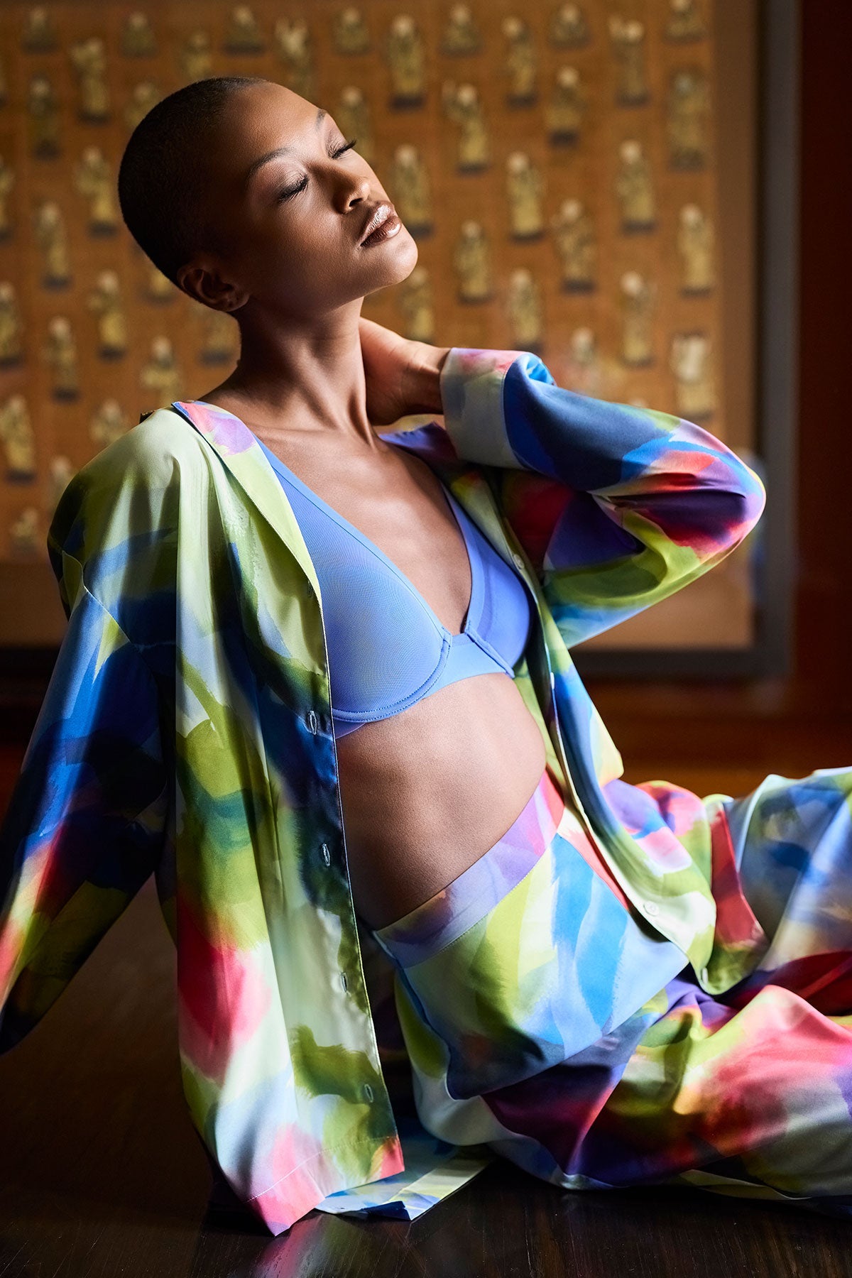 Natori Kumo Printed Stretch Satin Oversized Notch Shirt