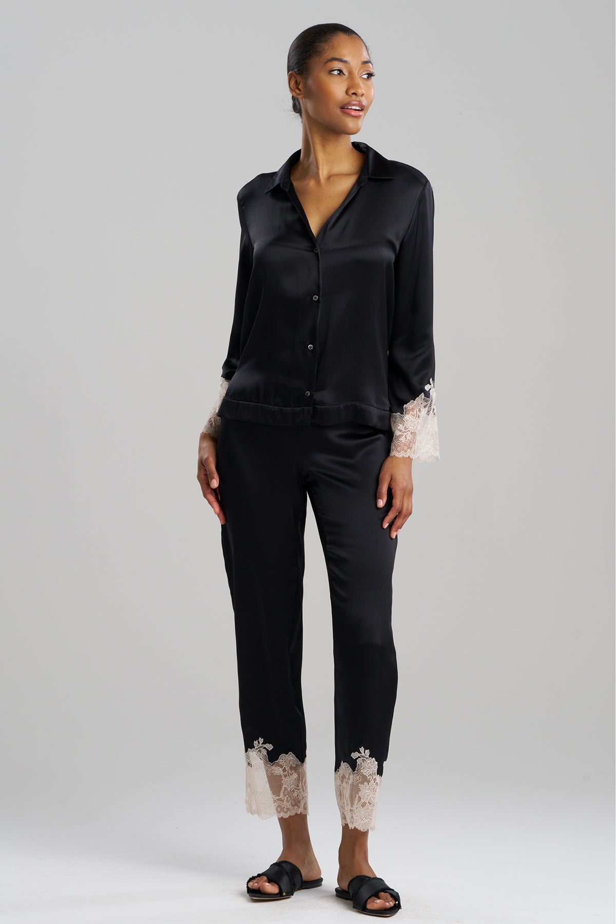 Natori Buy Lolita Lace Trim Silk Notch PJ in Black/Ecru Online