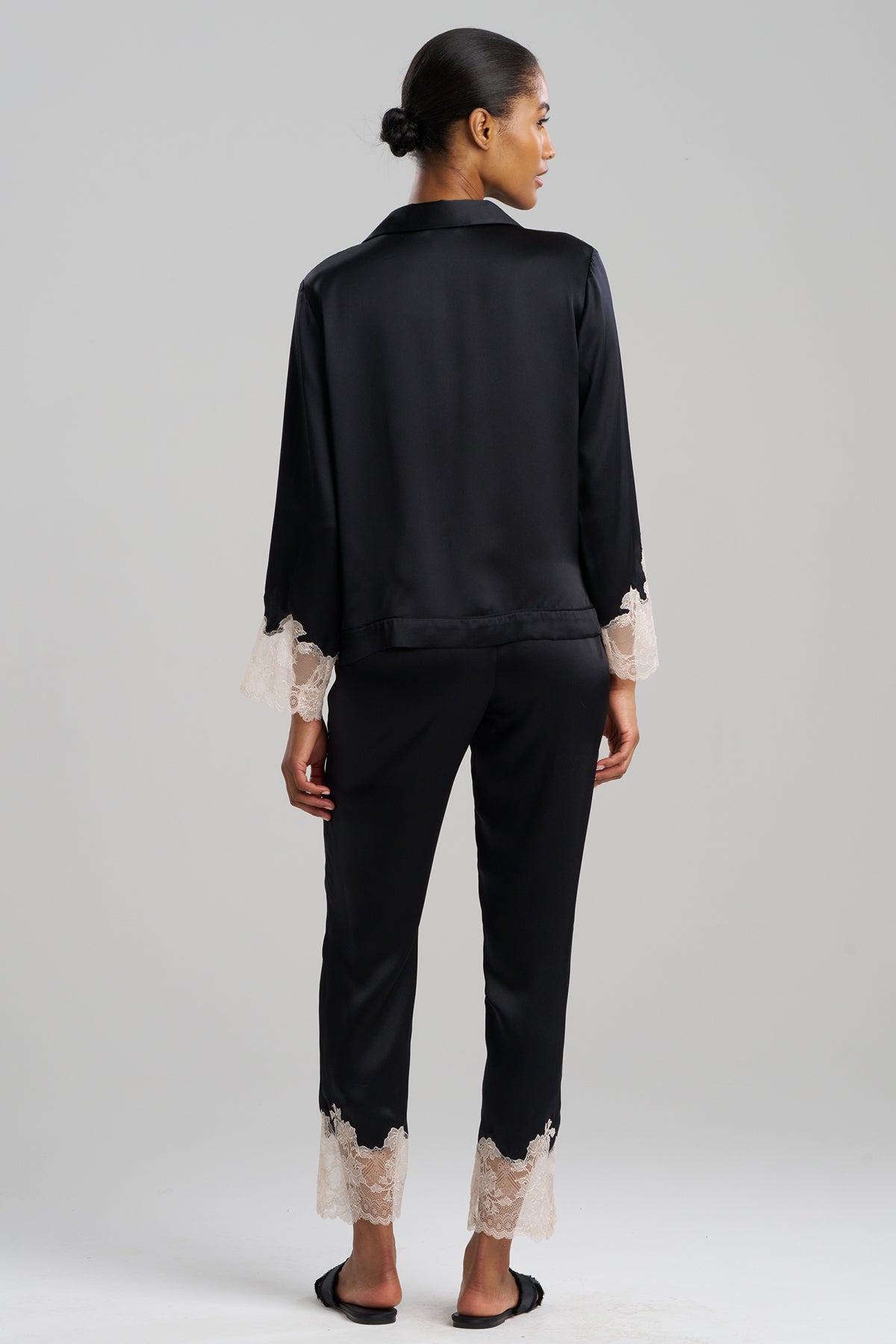 Natori Buy Lolita Lace Trim Silk Notch PJ in Black/Ecru Online