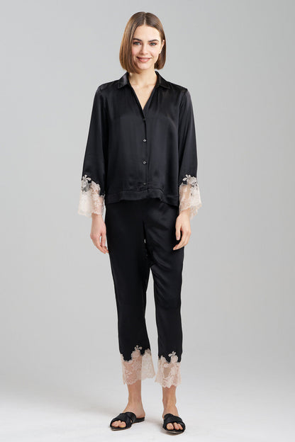Natori Buy Lolita Lace Trim Silk Notch PJ in Black/Ecru Online
