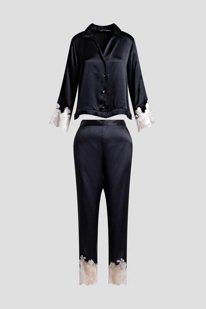 Natori Buy Lolita Lace Trim Silk Notch PJ in Black/Ecru Online
