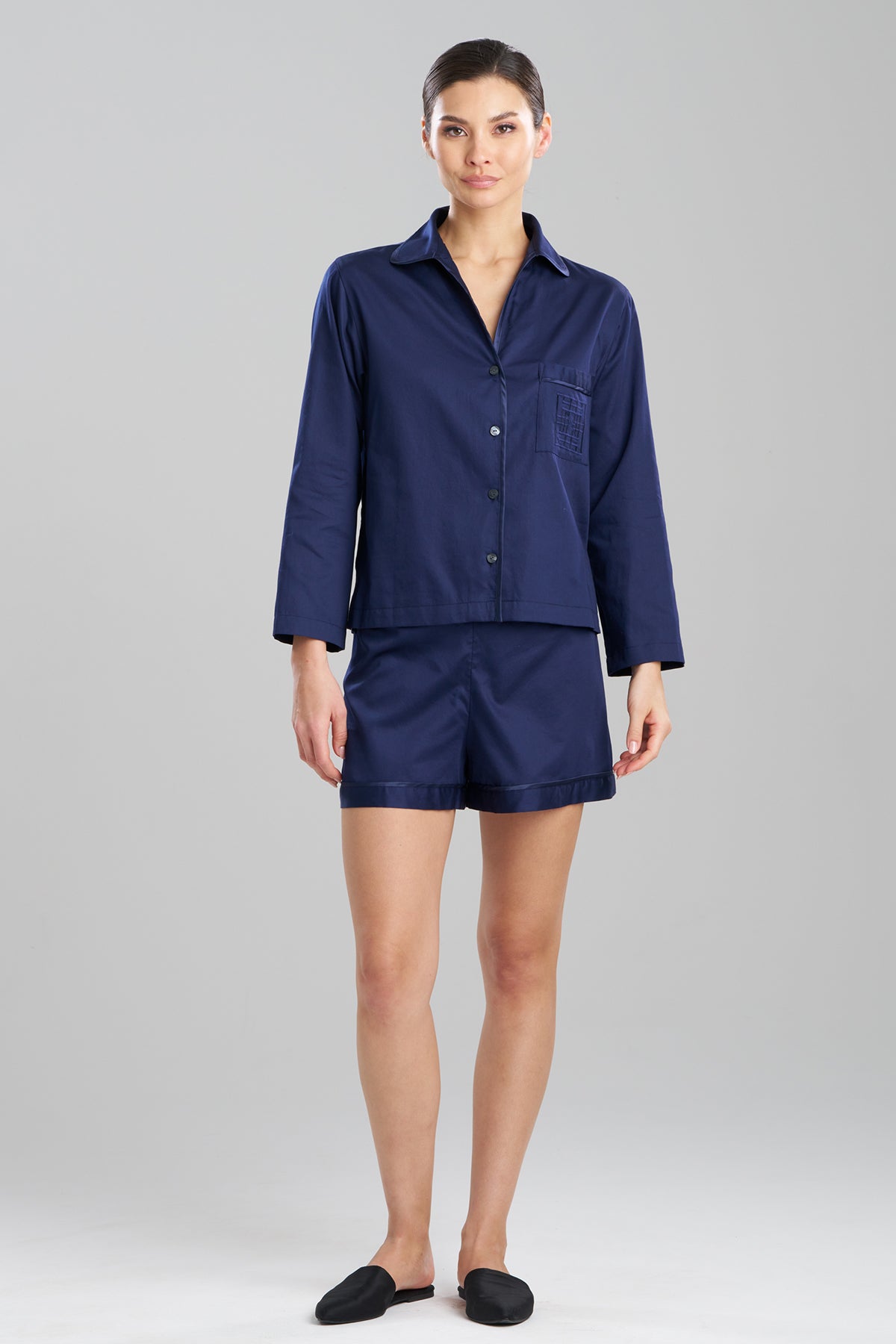 Natori Cotton Sateen Embroidered Essentials Notch Shorts PJ