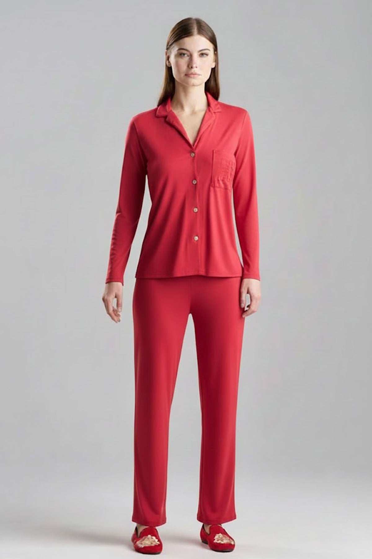 Natori Buy Shangri-La Embroidered Notch PJ in Crimson Red Online