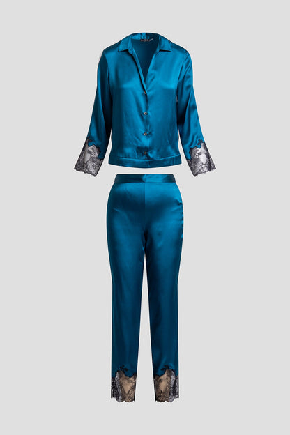 Natori Lolita Lace Trim Silk Notch PJ