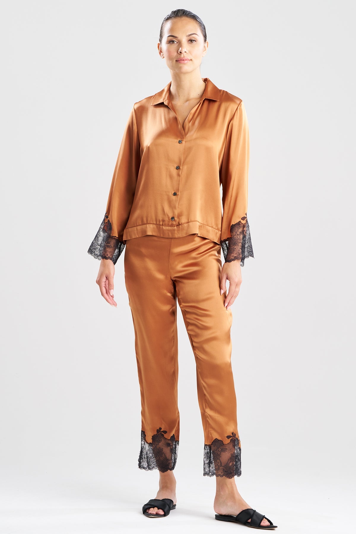 Natori Lolita Lace Trim Silk Notch PJ