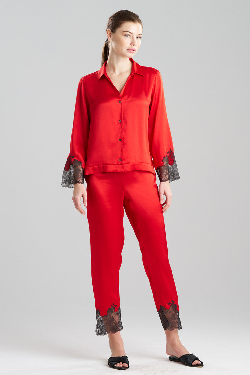 Natori Buy Lolita Lace Trim Silk Notch PJ in Scarlet/Ash Black Online