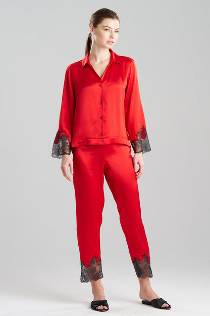 Natori Buy Lolita Lace Trim Silk Notch PJ in Scarlet/Ash Black Online