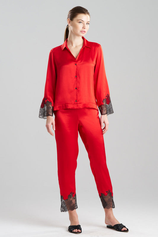 Natori Buy Lolita Lace Trim Silk Notch PJ in Scarlet/Ash Black Online