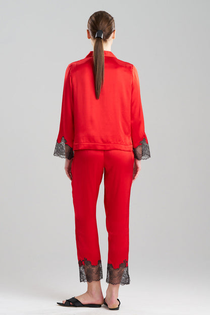 Natori Buy Lolita Lace Trim Silk Notch PJ in Scarlet/Ash Black Online