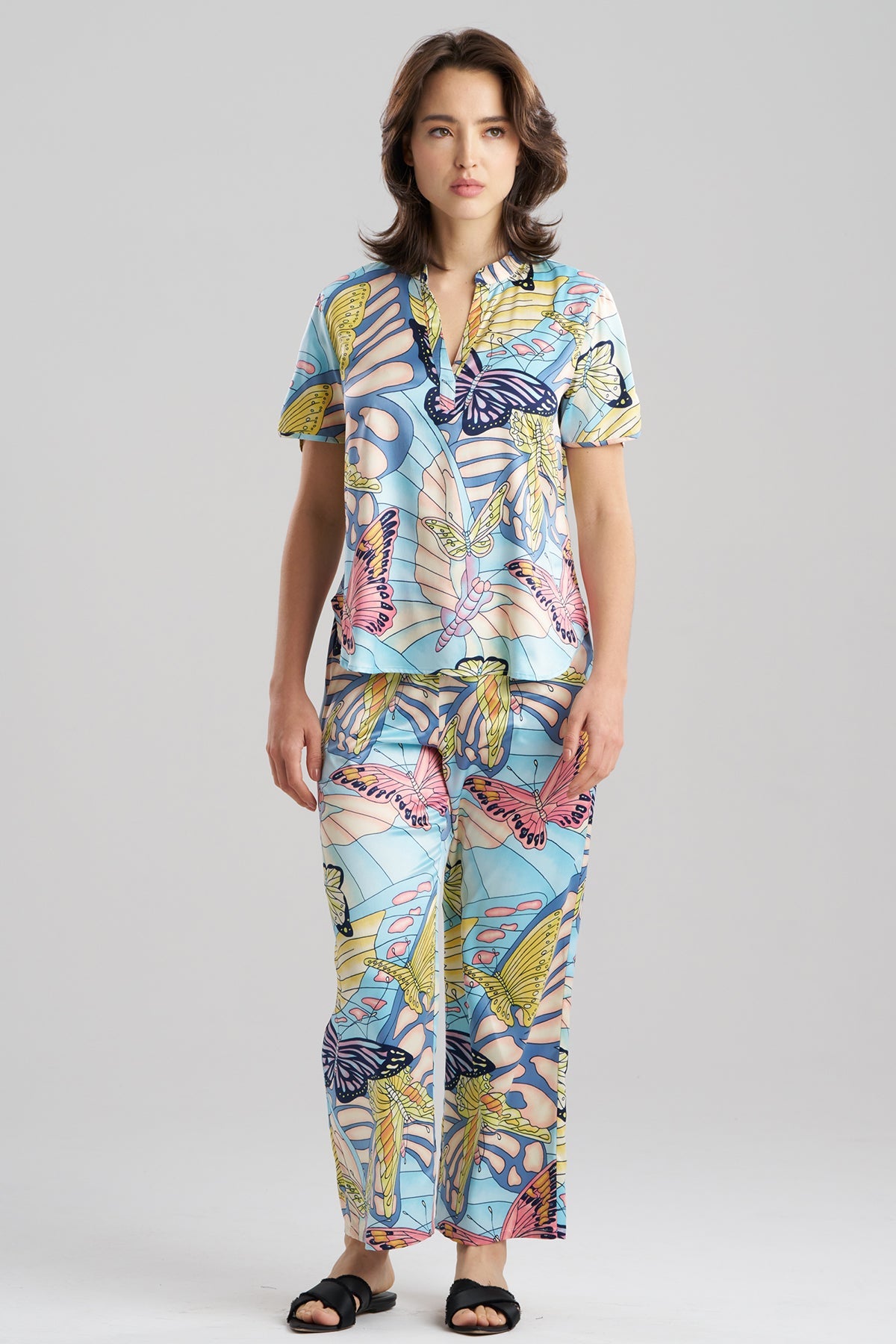 Natori Papillon Printed Satin Mandarin Short Sleeve PJ Set