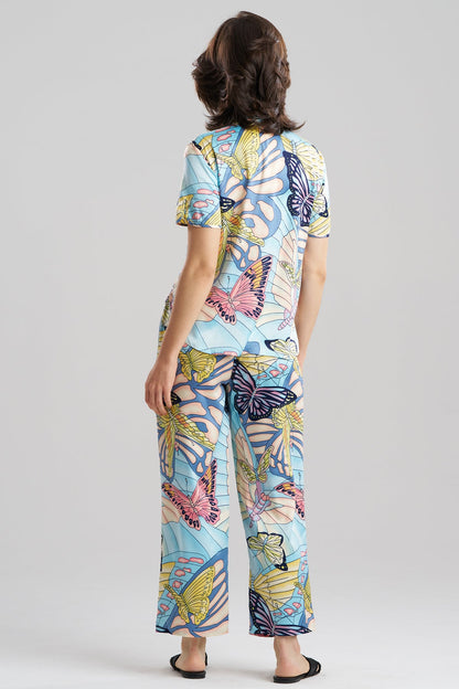 Natori Papillon Printed Satin Mandarin Short Sleeve PJ Set