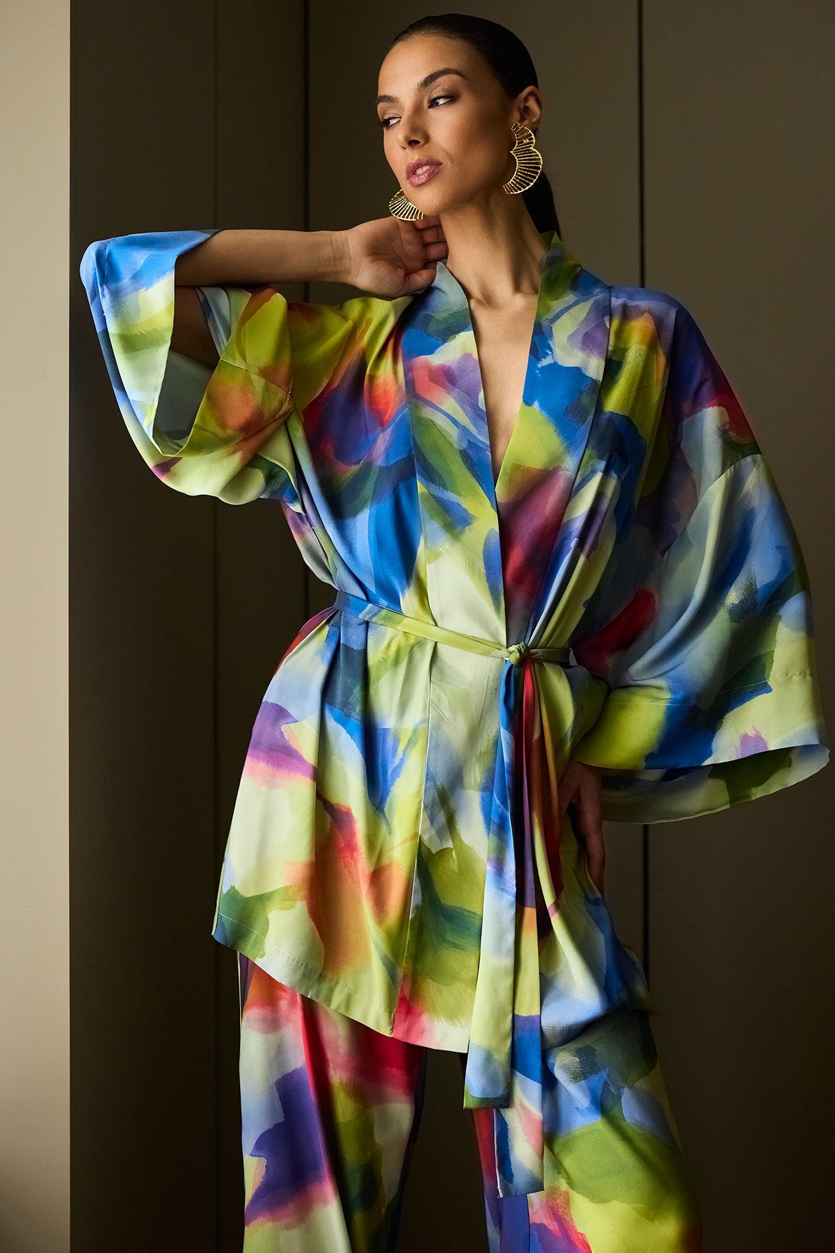 Natori Kumo Printed Stretch Satin Kimono Wrap