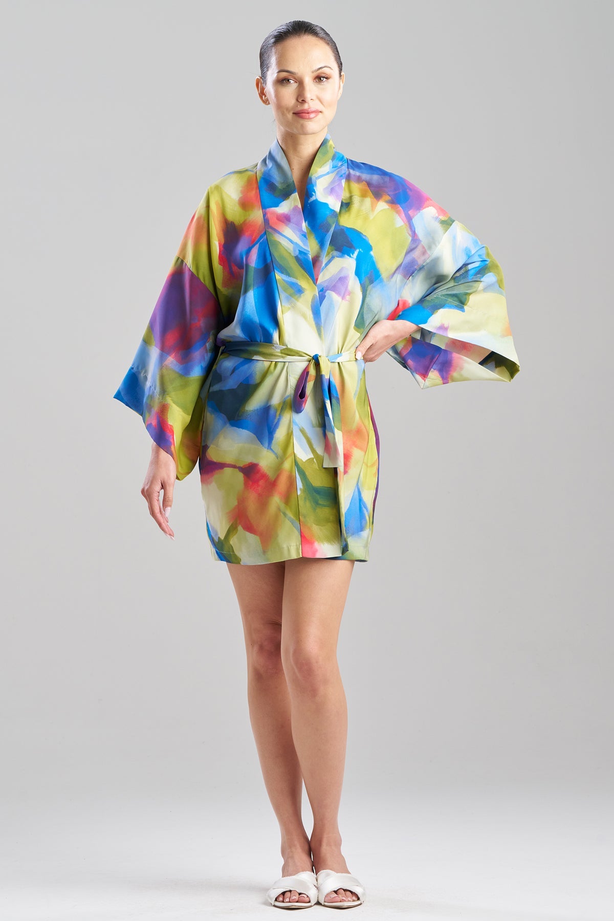 Natori Kumo Printed Stretch Satin Kimono Wrap