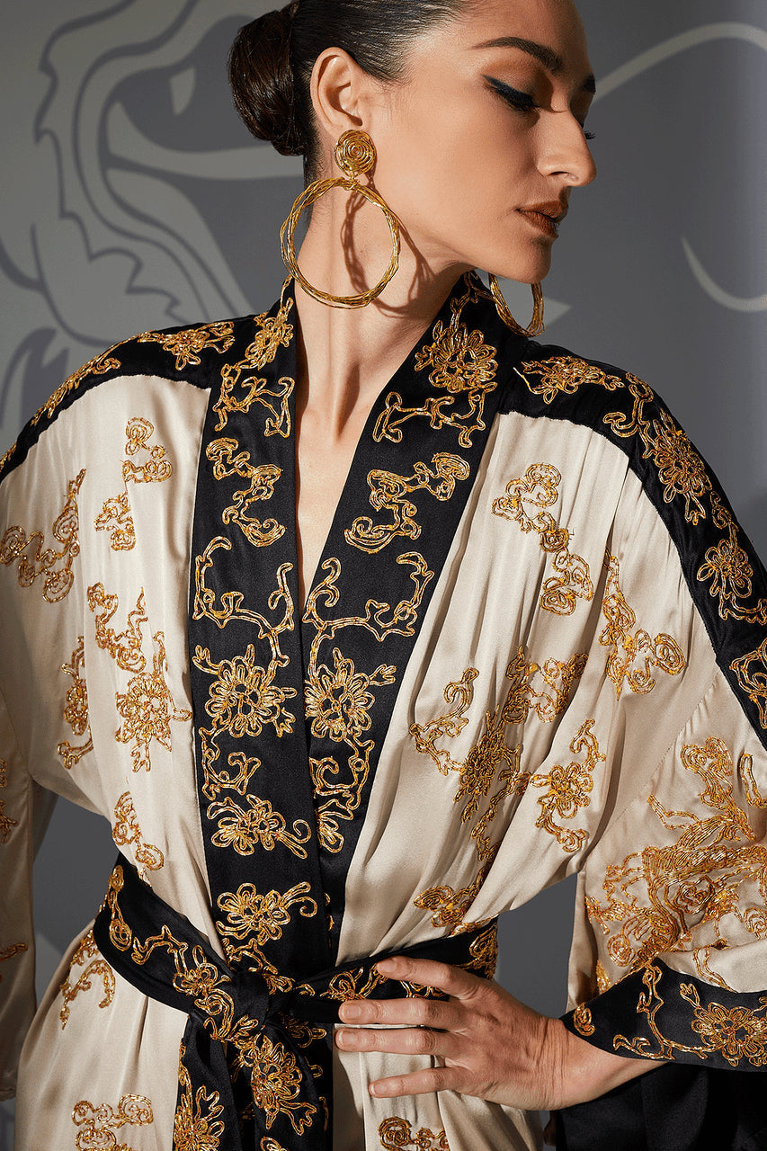 Natori Buy Couture Dragon Embroidered Drop Sleeve Silk Robe in Parchment Online