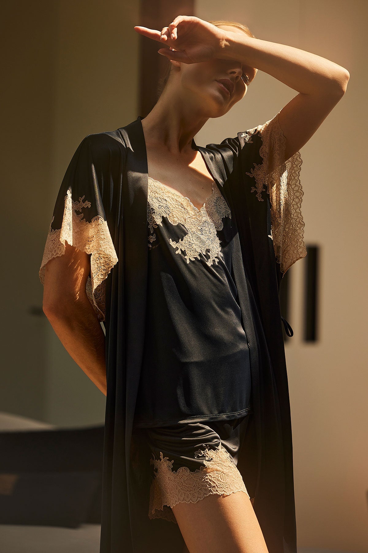 Natori Buy Enchant Lace Applique Wrap in Black/Café Online