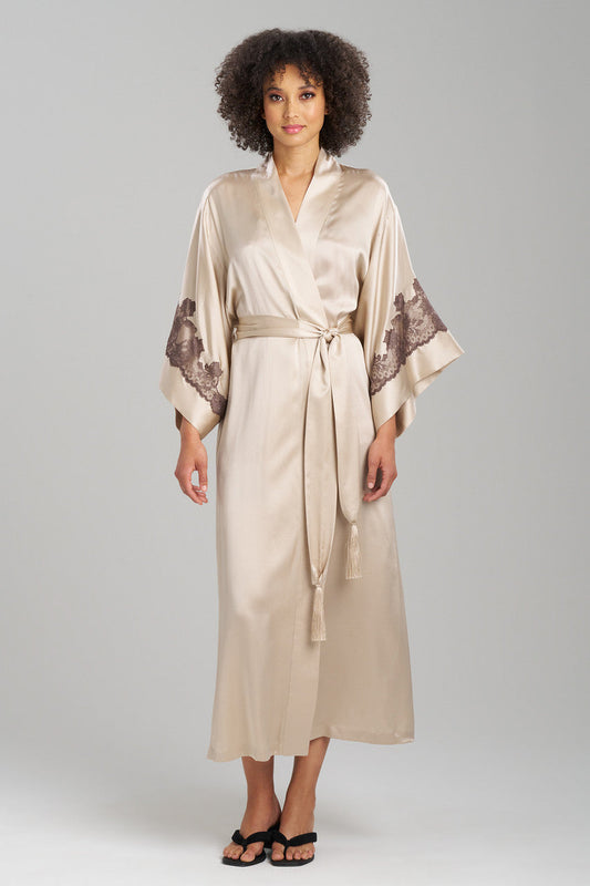 Natori Buy Lolita Lace Embroidered Silk Tassel Robe in Parchment/Ash Black Online