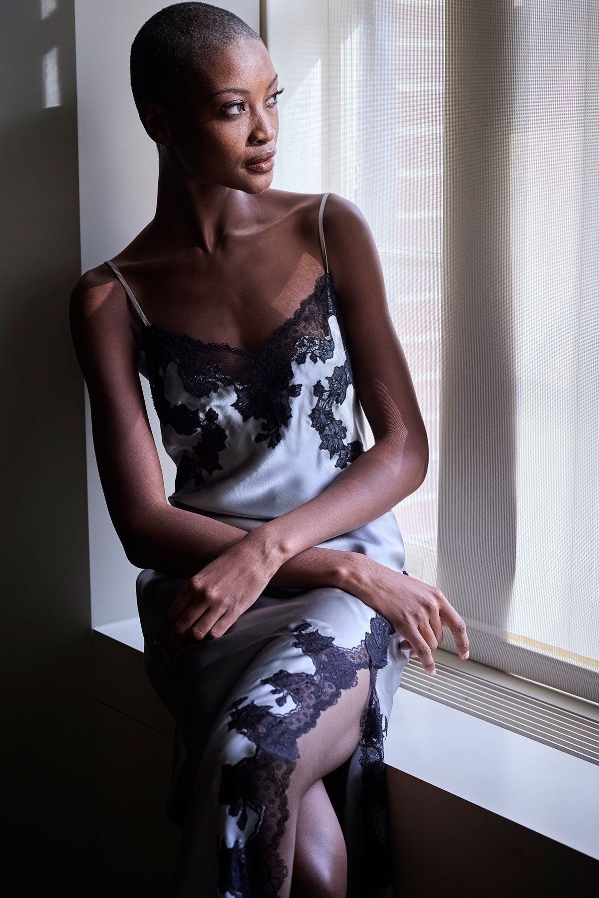 Natori Lolita Lace Slit Silk Slip Dress
