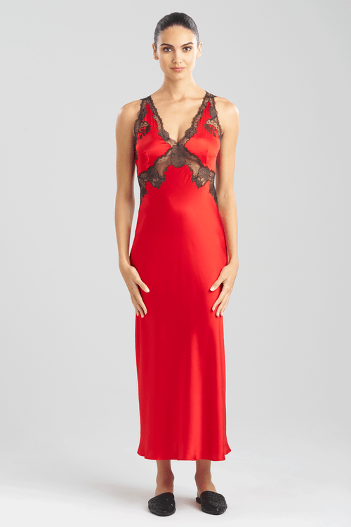 Natori Buy Lolita Lace Trim Silk Gown in Scarlet/Ash Black Online