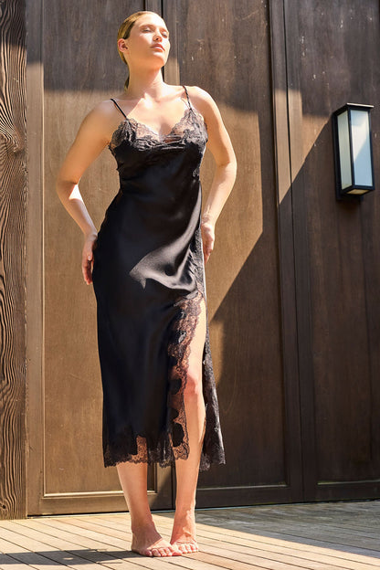 Natori Lolita Lace Slit Silk Slip Dress