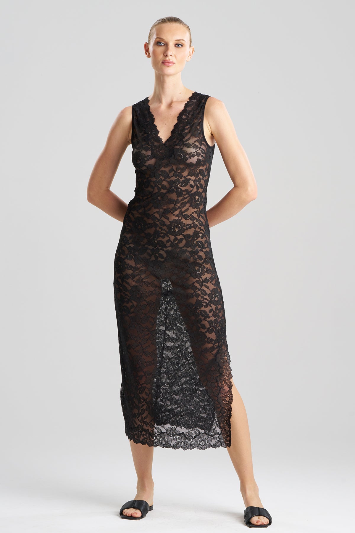Natori Peony Allover Lace V-Neck Slip Dress