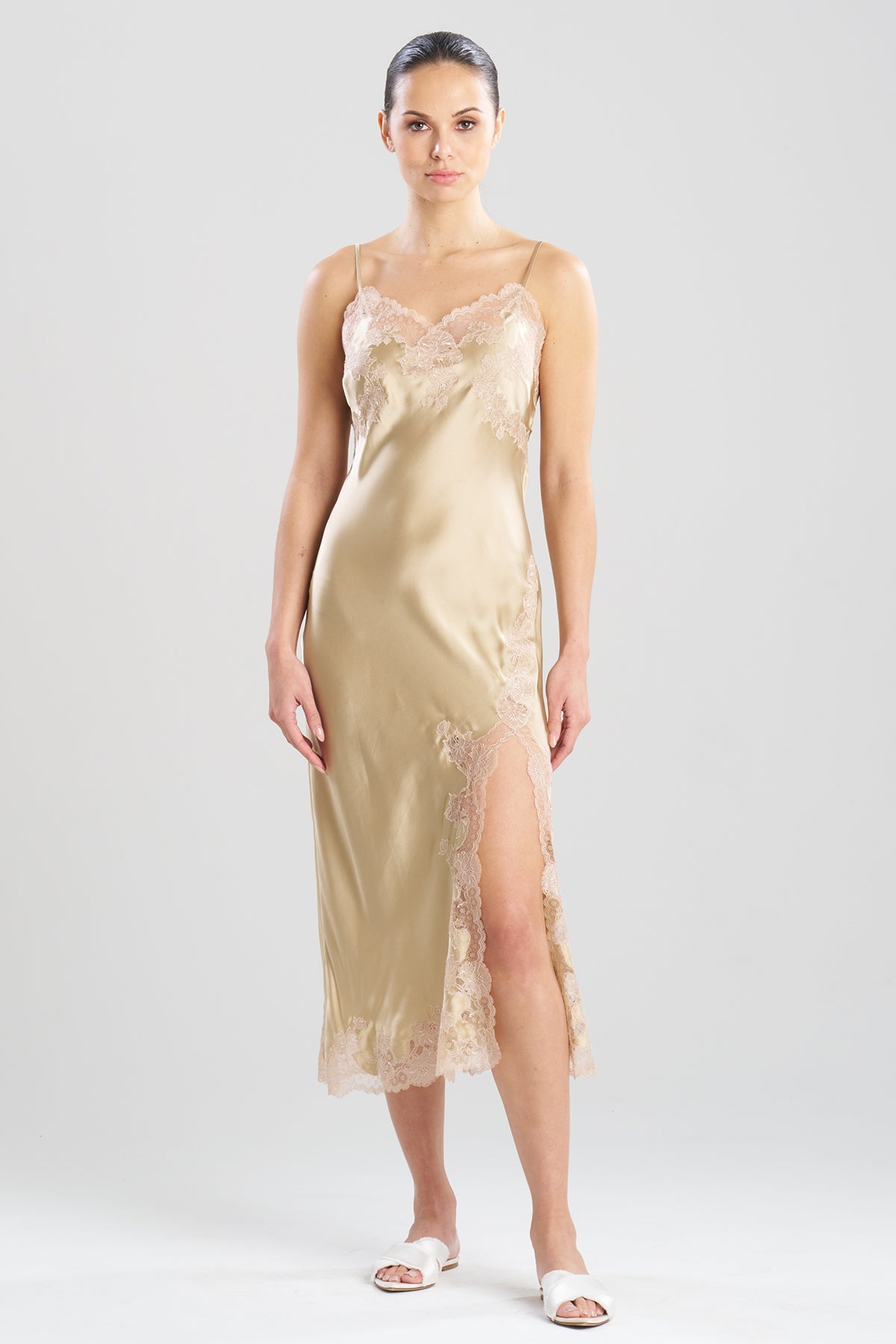 Natori Lolita Lace Slit Silk Slip Dress